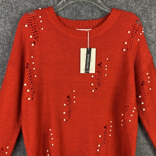 Breakout Knitwear Sweater NWT Women M Red Factory Destroyed Pearl Embellished - Picture 2 of 12
