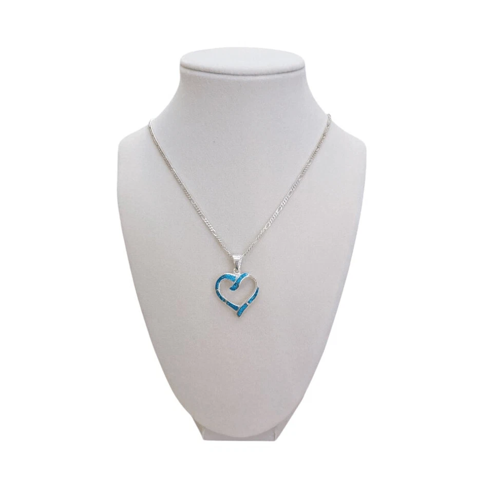 Винтажный серебро синий опал инкрустация сердце ожерелье, 20» итальянская цепочка - Изображение 3 из 4