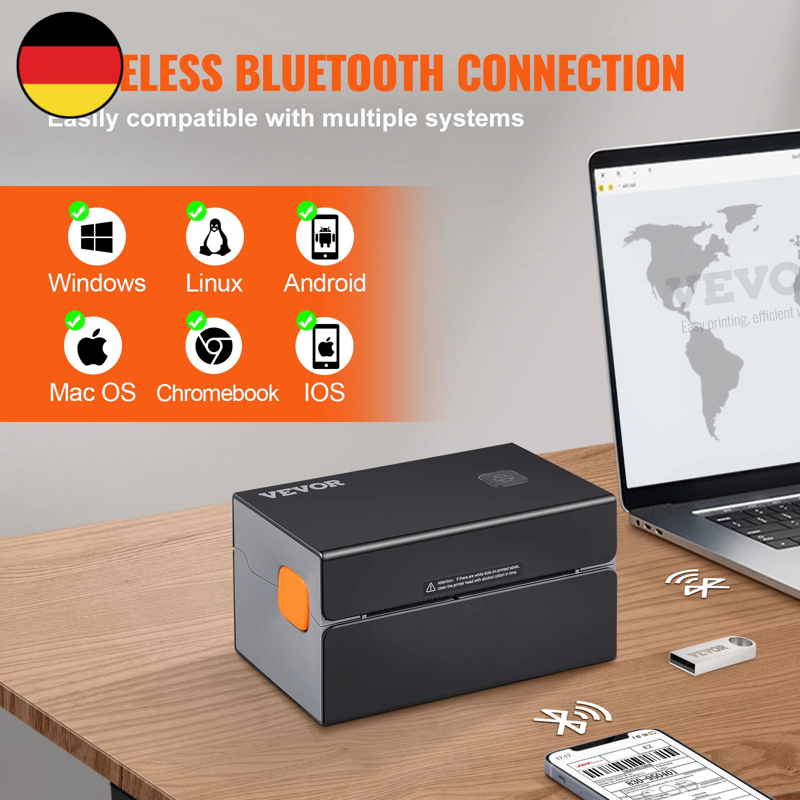 VEVOR Bluetooth Etikettendrucker HD(300DPI), DHL Etikettendrucker Mit Usb-Anschl