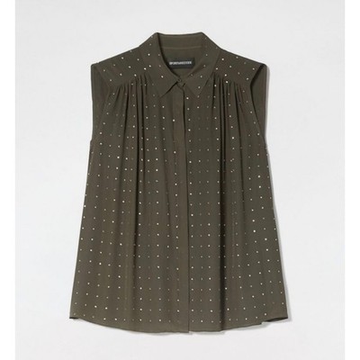Sportmax Code Olive Green Studded rhinestone Button Down Blouse sz10 embellished