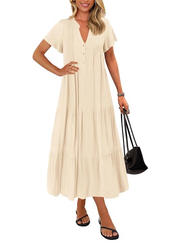 Summer Maxi Dresses for Women 2025 Spring Fashion Short Sleeve Button V Neck ...