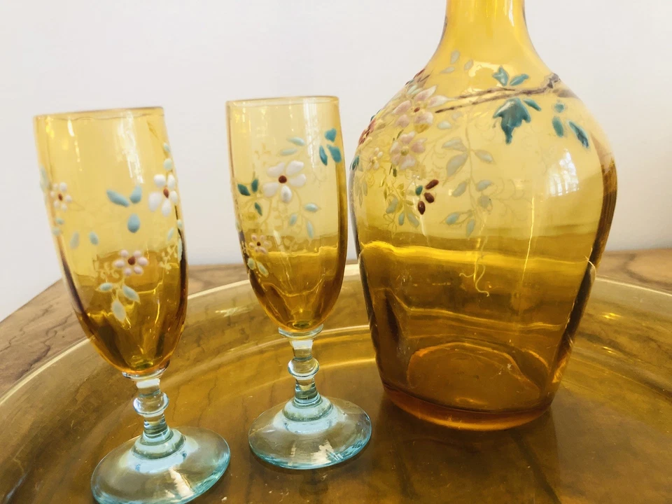 ANCIEN service à liqueur en verre Coloré plateau carafe 2 verres - Photo 4/4