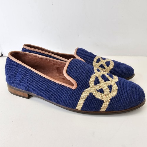 Soles By Paige Hand Stitched Wool Needle Point Loafer Flats Size 10 Navy Blue - Picture 3 of 13
