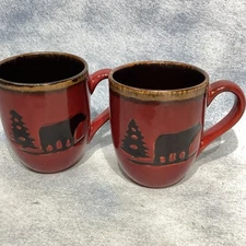 Lot 2 Woodland Red Home Studio Mugs Bear Pine Trees EXCELLENT