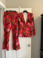 ASOS 2 PIECE Pantsuit Bright Red Floral Blazer & Flare Leg Pants Suit Set 8 10