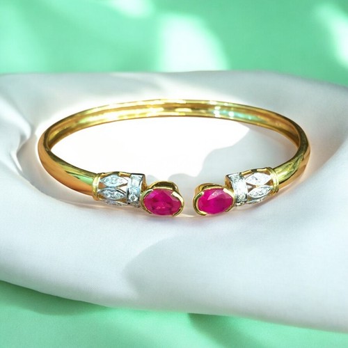 Elegant 2.70 Cts Round Brilliant Diamond Ruby Cuff Bracelet 14K Gold - Picture 7 of 10