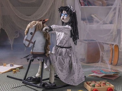 Rocking Horse Girl Halloween Prop 28'' Life-Size Creepy Doll Haunted House Decor