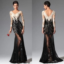 Black White Mermaid Evening Dresses With Long Sleeves Lace Sequined V Neck Sheer
