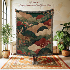 Japanese Style Woven Blanket, Ukiyo-e Cloud and Wave Tapestry, Asian Art Throw