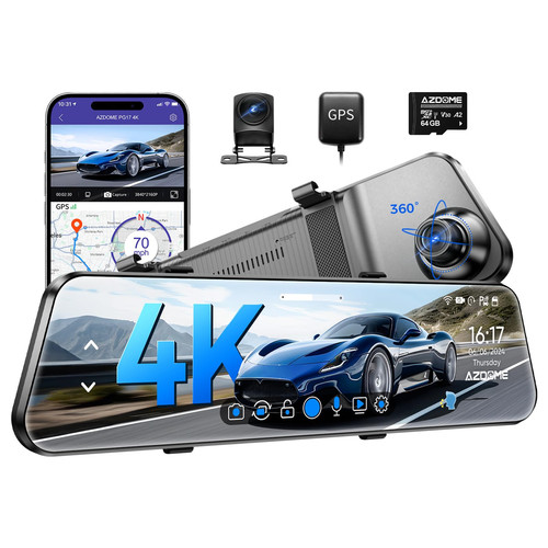 PG17 4K 12" Mirror Dash Cam Front and Rear, WiFi Rear View Mirror Camera with...