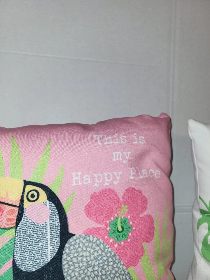 Almohadas de algodón tropical tucán y cacatúa rosa lugar feliz la vida es mejor Foto 3 de 4