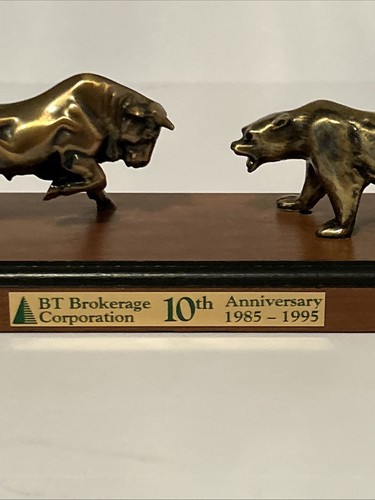 VINTAGE BRASS BULL AND BEAR SCULPTURE 10th ANNIVERSARY BT BROKERAGE CORPORATION - Picture 4 of 24