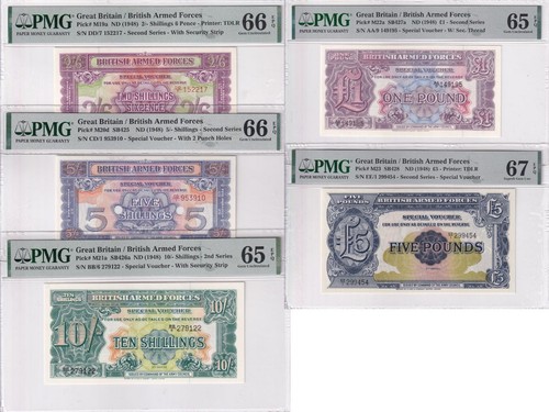Gran Bretagna Set 5, 2 5 10 Sh. 1 5 libbre P M19-M23 gemma UNC PMG 65 66 67 EPQ