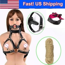 Head Hood Harness Open Mouth Gag Blindfold Eye Mask Bondage Rope Restraint BDSM