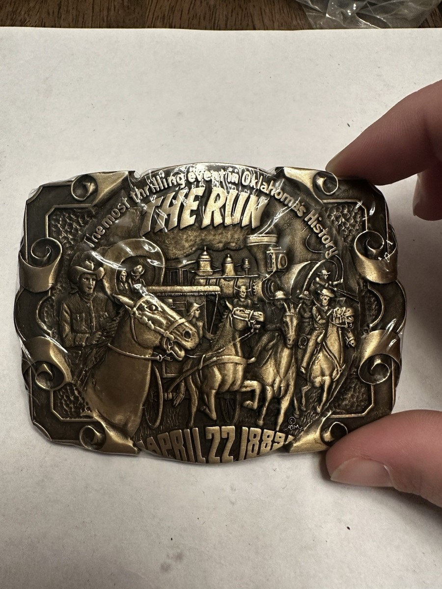 ADM vintage brass belt buckle Oklahoma Land Run April 22, 1889 USA
