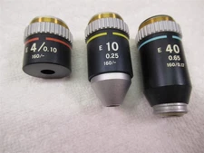 Lot of 3 Nikon E Series Microscope Objective Lenses 4x 10x and 40x 