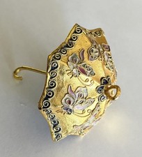 Vintage Gold Gilt Floral Cloisonn  Enamel Umbrella 3.25 X 3 Inches FREE SHIPPING