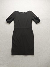 Ann Taylor Women Sheath Dress 4 Black Back Zip Round Neck Ruched Stretch Career