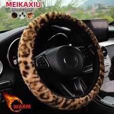 Leopard Print Plush Car Steering Wheel Cover Winter Warm Interior Accessories