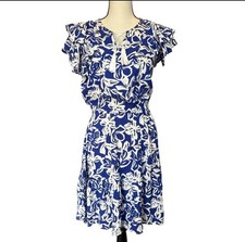Marissa Olivia Blue/White Womens S Dress Floral Ruffle Sleeve Elastic Waist Midi