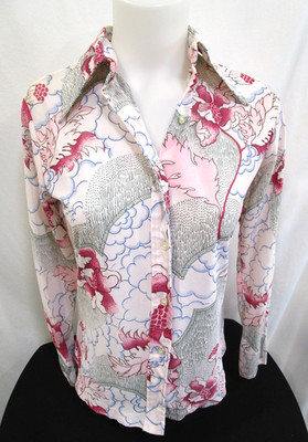 Vintage 70's Alfie Disco Psychedelic Floral Print Nylon Button Up Top Women 14
