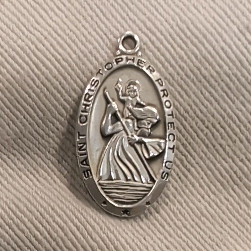 Saint Christopher "Protect Us" Silver Oval Chapel Religious Medal Pendant