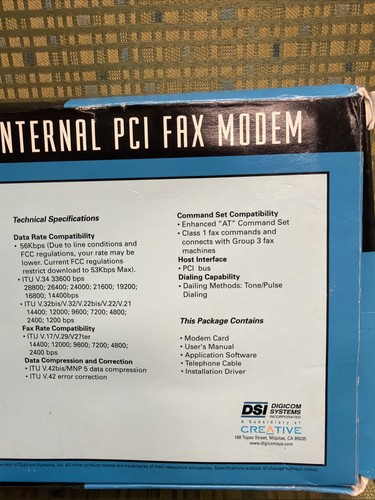 DSI DIGICOM SYSTEMS INC 56K PCI Fax Modem Windows 95/98 NEW - Open Box - Afbeelding 7 van 7