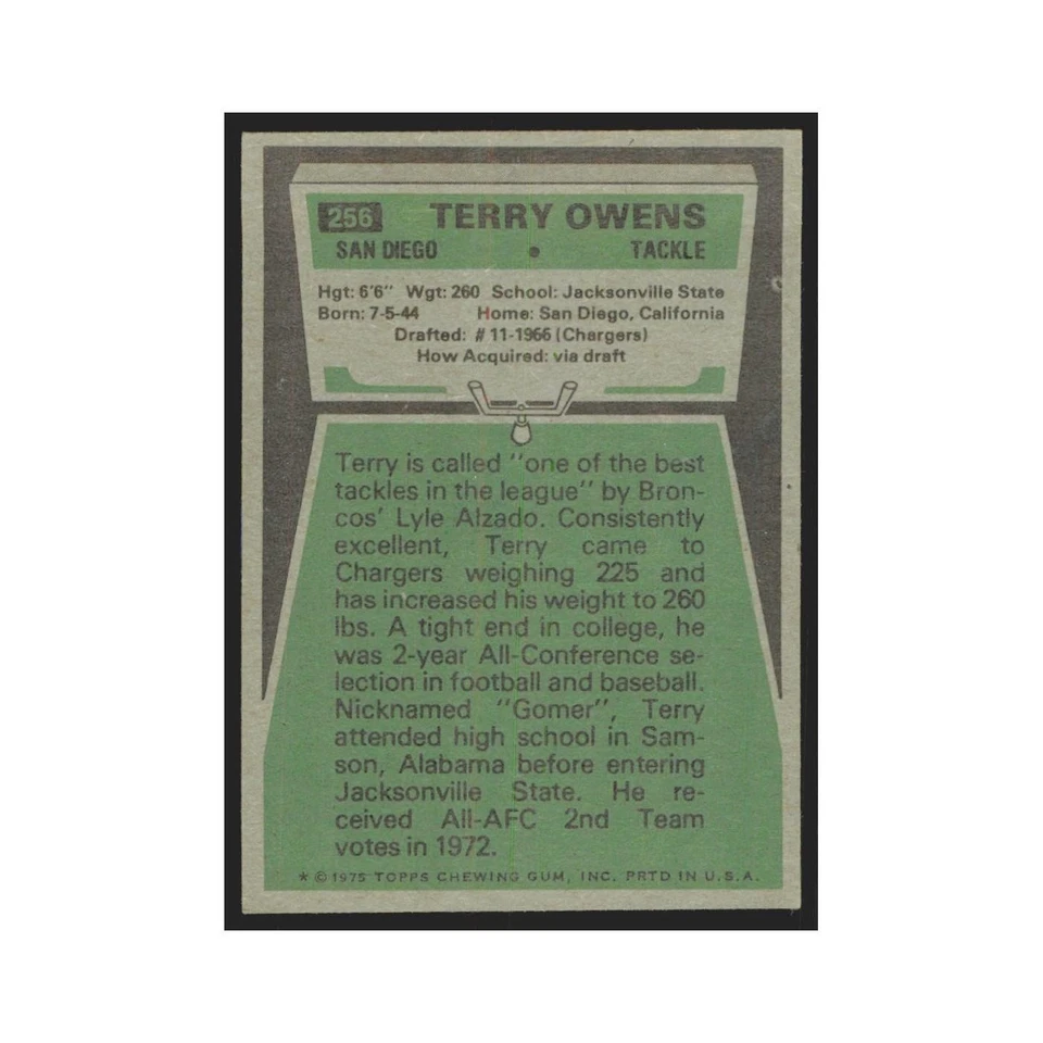 1975 Topps Terry Owens San Diego Chargers #256.0 - Image 2 of 3