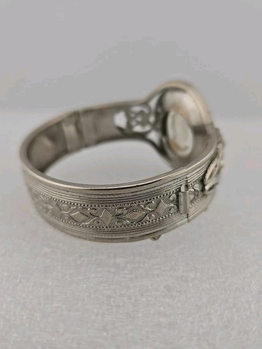 Vtg Art Deco Style Reverse Intaglio Cameo Crystal Hinged Clamper Cuff Bracelet - Picture 7 of 13