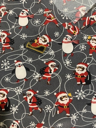 Scrubaid Uniform Top Womens Medium Christmas Santa Clause Grey Red Black V Neck - Picture 3 of 6