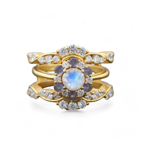 925 Sterling Silver 5 mm Round Shape Natural  Moonstone Alexandrite Ring Set - Picture 1 of 5