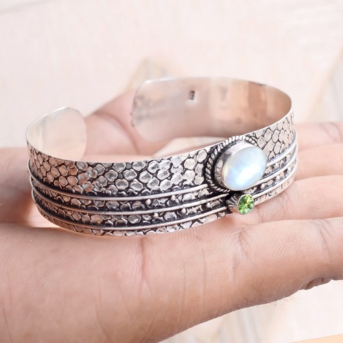 Rainbow Moonstone, Peridot Cut Gemstone Bracelet 925 Sterling Silver Cuff Bangle - Picture 3 of 6