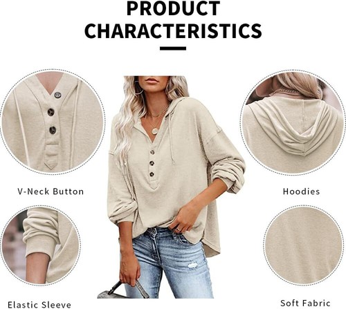 Womens Hooded Button Collar Drawstring Hoodies Pullover Sweatshirts Casual Long - Picture 2 of 25