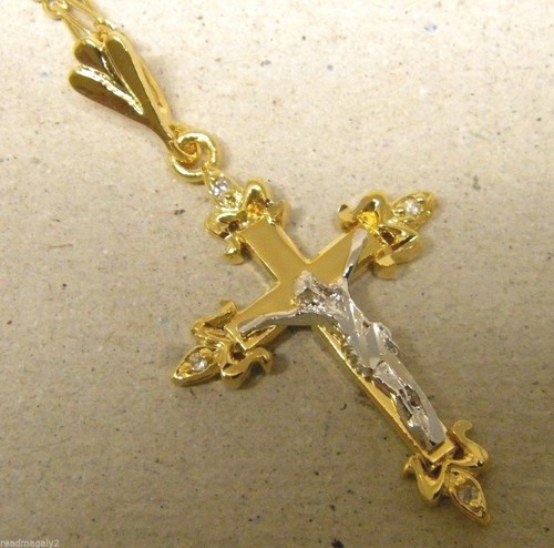 Damen Gelbgold plattiert zweifarbig Kreuz Charm & 20 Zoll lang 1,5 mm breit Figaro Set - Bild 1 von 7