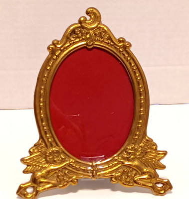 Red Angels Frame Vintage Antique Gold Tone Picture Photo Frame Small Oval Ornate Cherubs ...