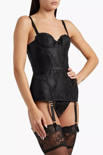 Agent Provocateur Andee schwarzes Seidenkorsett & Slip & Handschuhe & Strümpfe 2 Medium neu mit Etikett - Bild 4 von 19