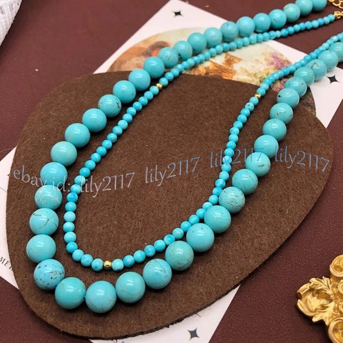 2 Strands Natural Blue Turquoise Round Gemstone Beads Handmade Necklace 18-19'' - Picture 6 of 8