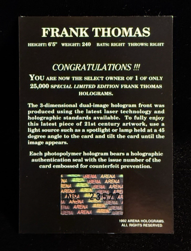 1992 Arena Holograms Frank Thomas Special Edition Hologram #/25000 - Picture 3 of 3