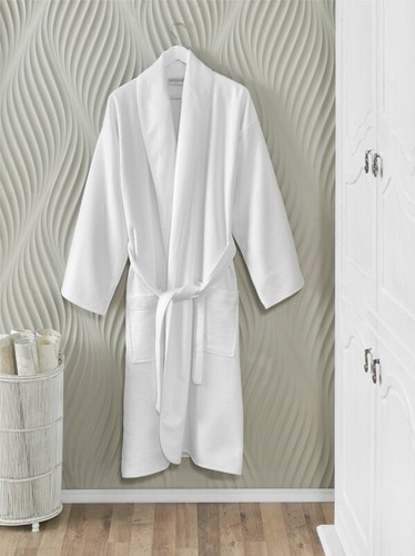 Luxury Turkish Cotton White Waffle Terry Bathrobe Soft Plush (Medium) - Picture 2 of 4