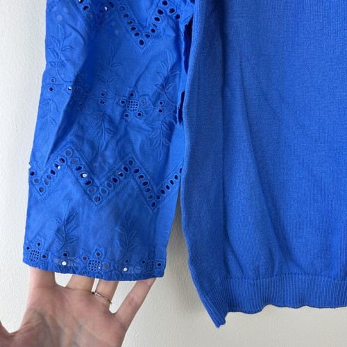 NWT LOFT Blue Eyelet 3/4 Sleeve Mixed Media Pullover Sweater Size Medium - Picture 2 of 6