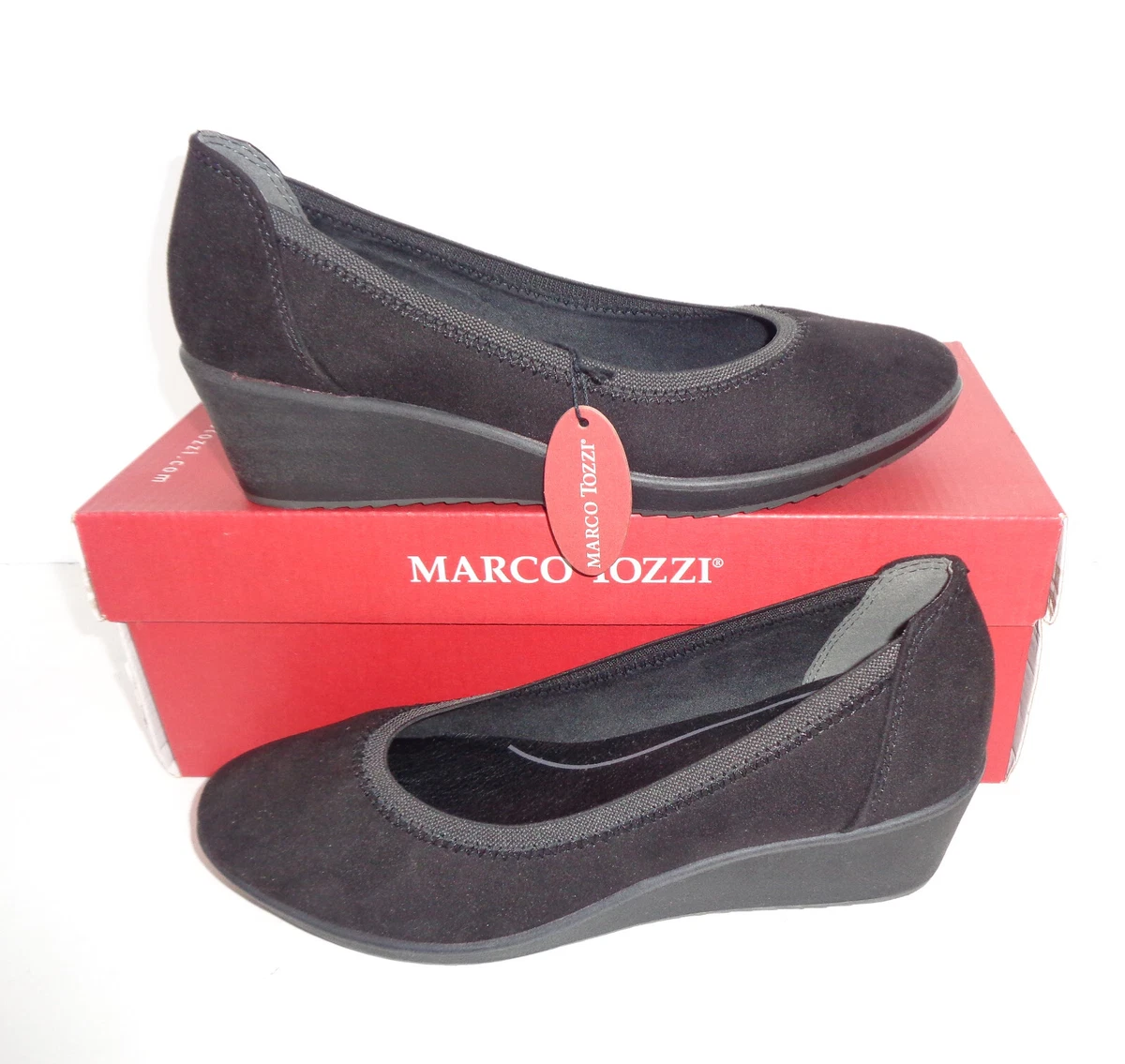 Marco tozzi black wedge best sale shoes