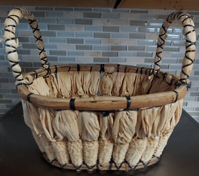 Wicker Corn Husk Plenty Basket & Wood 9''H x 10'' L x 8'' W  Gathering Woven Easter