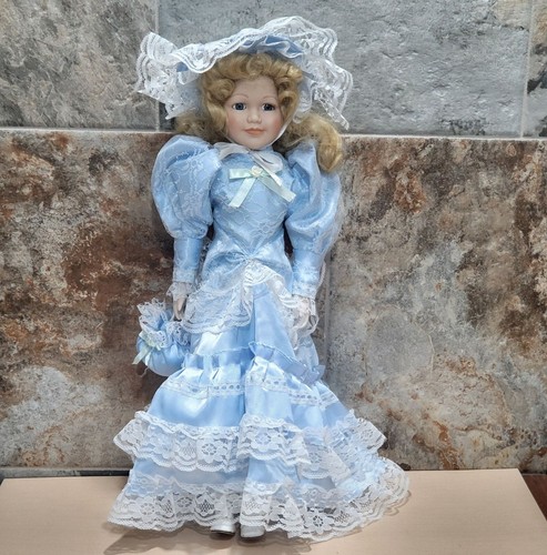 Porcelain Doll Blond Hair Blue Eyes Blue Dress Lace Trim Matching Hat Bag 19" - Picture 11 of 14