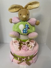 2 tier Pink Nappy cake with a bunny theme, baby shower gift, baby girl  hamper