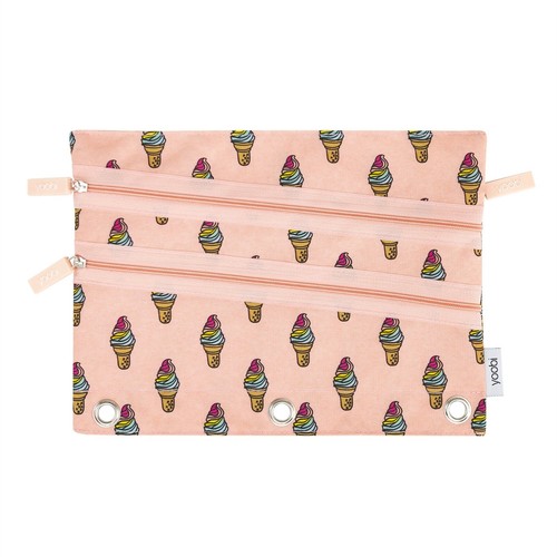 Yoobi Binder Zip Case Peach Tripple Zippers Ice Cream Cone Pencil Case Holder