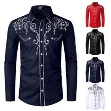 Men Western Cowboy Shirt Long Sleeve Retro Embroidery Casual Button Down Shir