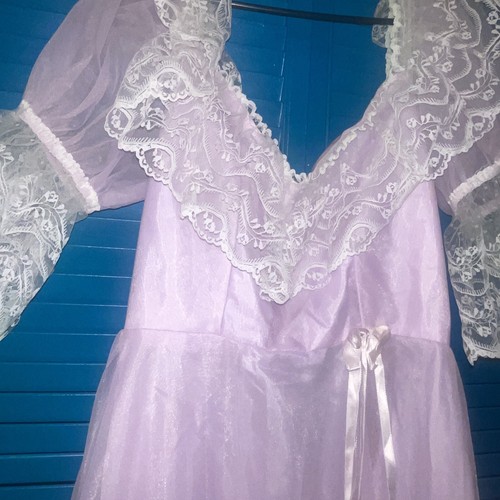 Vtg 70s Dance Allure Womens Chiffon Maxi Dress 12 Lace Lilac Bows Peasant Fairy - Picture 9 of 10