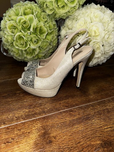 ESSENCE MENBUR Champagne & Silver Sequins Metallic Fabric Heels Sz EU 37/US 6.5 - Picture 8 of 12