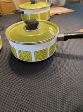 Vintage Enamel White Green And Yellow  Cooking Pot
