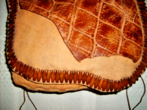 Leather Shoulder Bag Handcrafted Tan Distressed Wooden Bead Trim 1 of a Kind - Picture 2 of 6